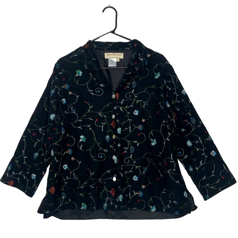 Silk Embroidered Jacket L Black Floral Art to Wear Boho Whimsigoth 96% Silk